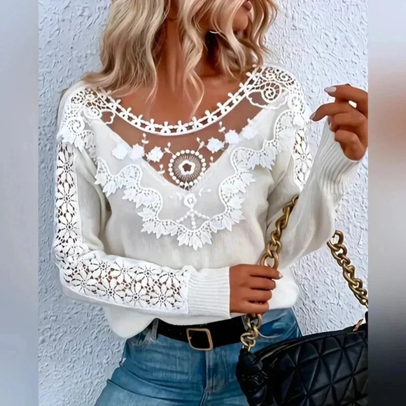 Ausevo Sweaters - Luxurious Knit Crew Lace Sweater Top White 🤍 LG
